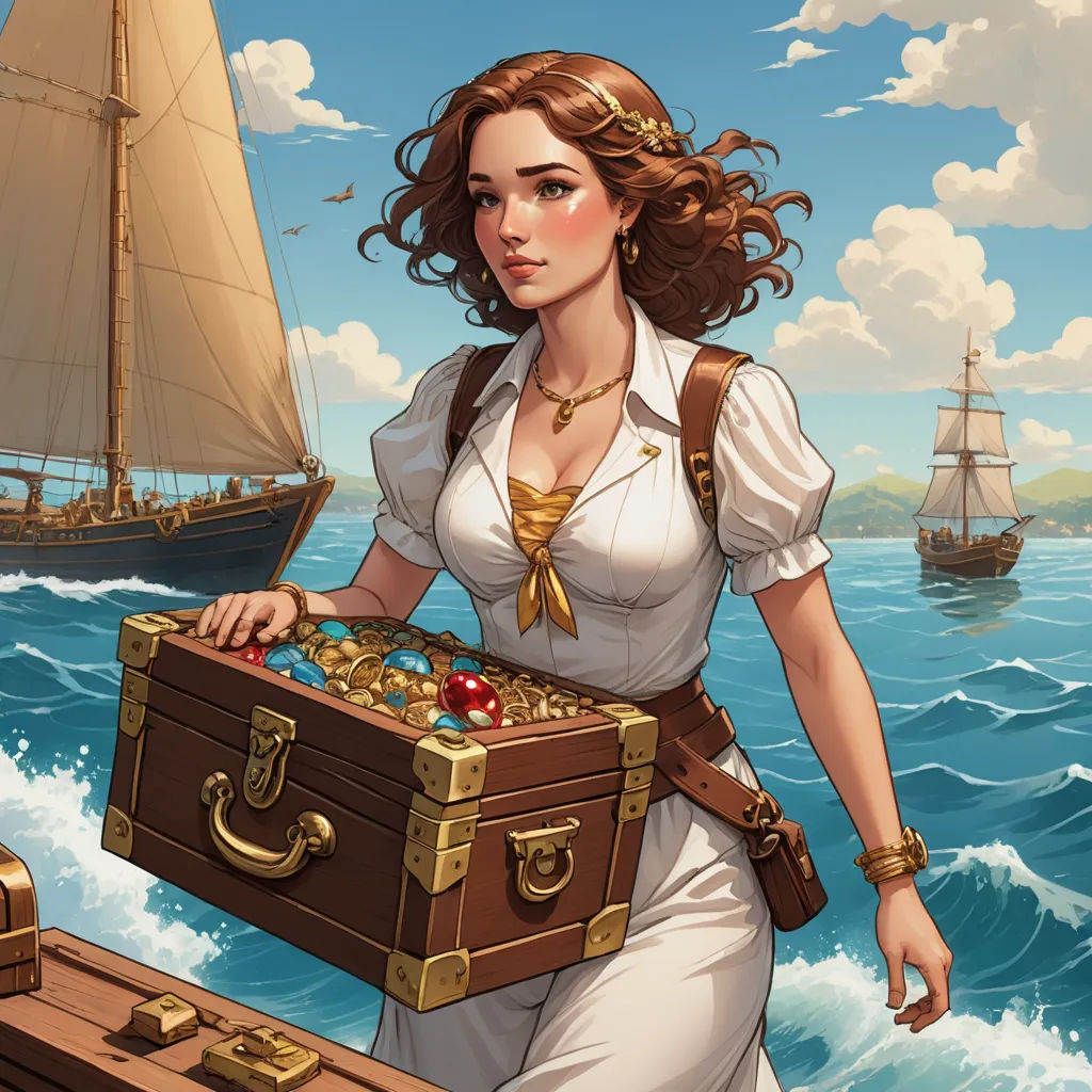 a woman carrying a chest of gold in a boat in the ocean with a sailboat in the background, fantasy art, a character portrait, Charlie Bowater, high detail illustration