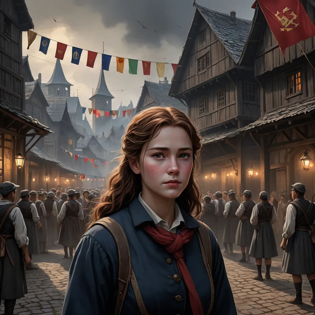 a painting of a woman in a medieval dress standing in front of a crowd of people in a town, fantasy art, a character portrait, Clint Cearley, magic the gathering artwork