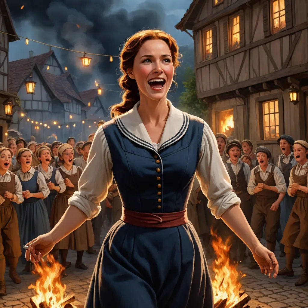 a woman in a blue dress standing in front of a fire pit with a crowd of people in the background, excessivism, a storybook illustration, disney, official art