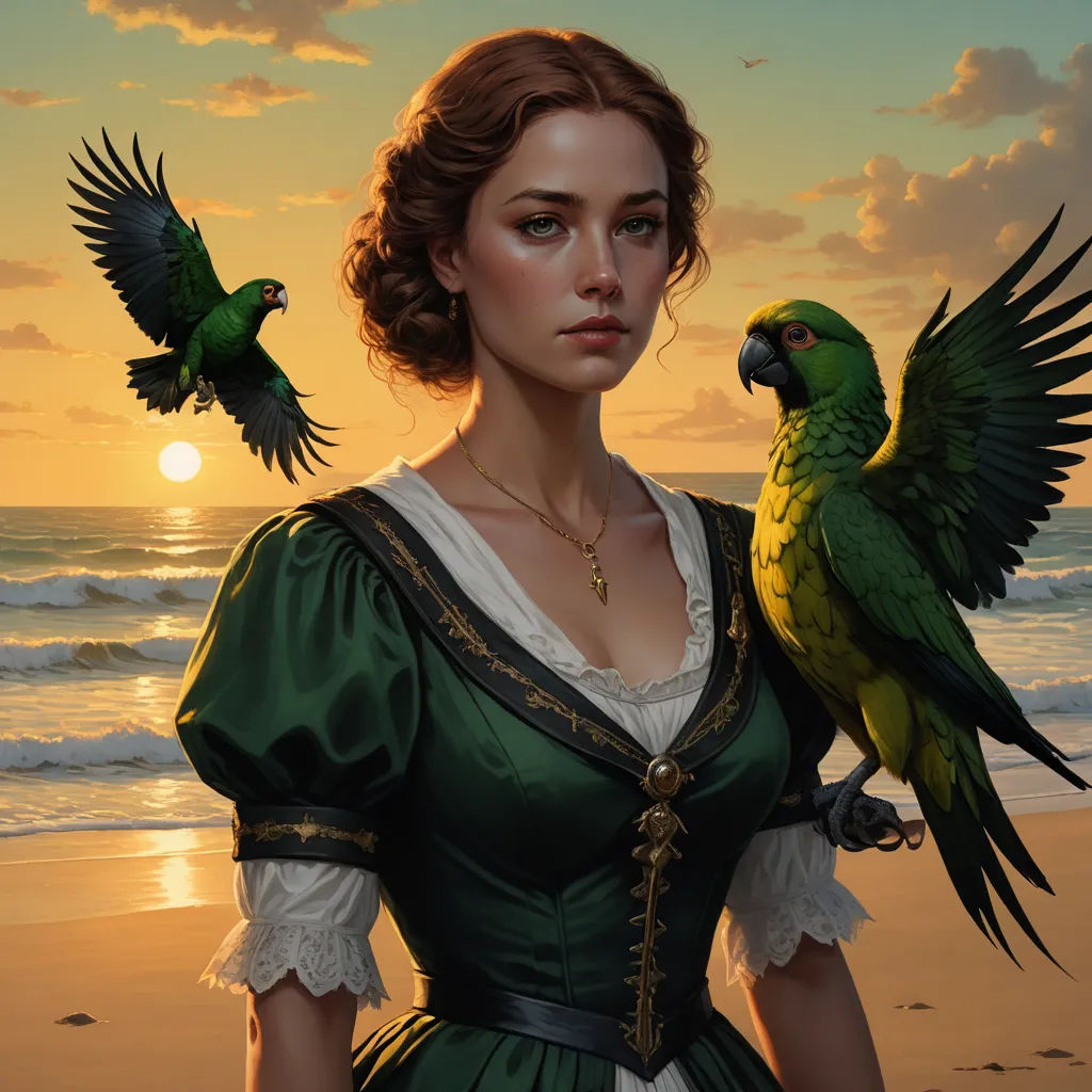 a woman in a green dress holding two birds on her shoulder and a bird on her shoulder, with a sunset in the background, fantasy art, a detailed painting, Edgar Ainsworth, highly detailed digital painting