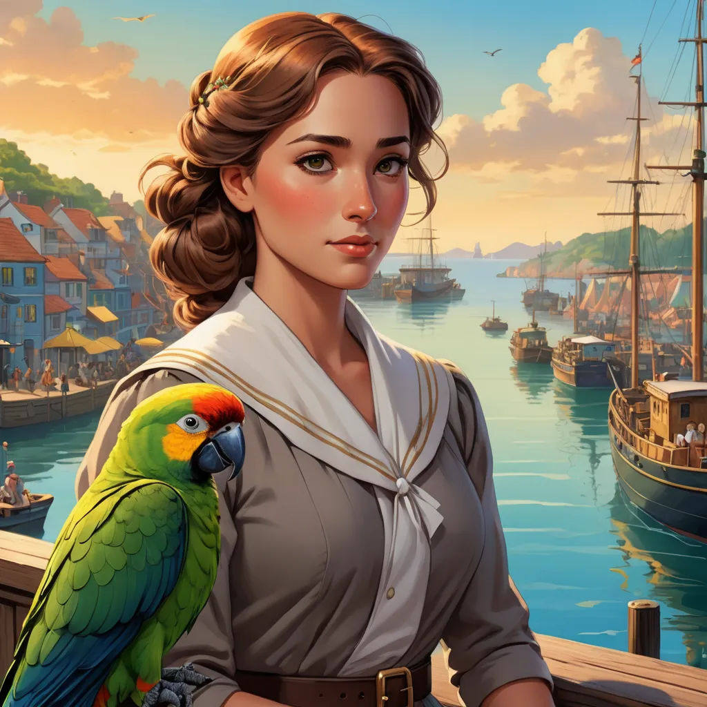 a painting of a woman holding a parrot on her arm and a boat in the background with a harbor in the background, fantasy art, a character portrait, Chris LaBrooy, game art