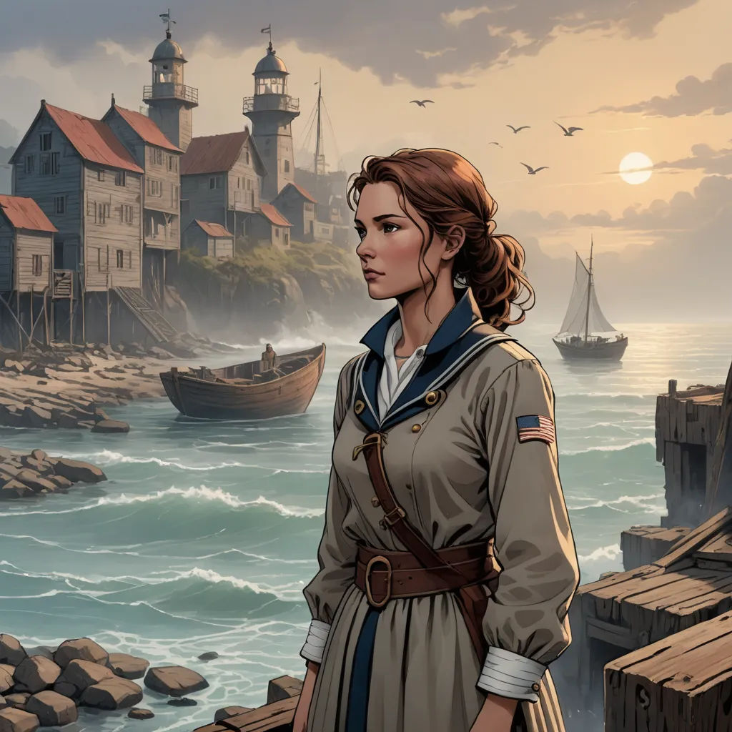 a woman standing on a pier next to a boat in the ocean and a castle in the background with a boat in the water, fantasy art, a character portrait, Christophe Vacher, kinkade