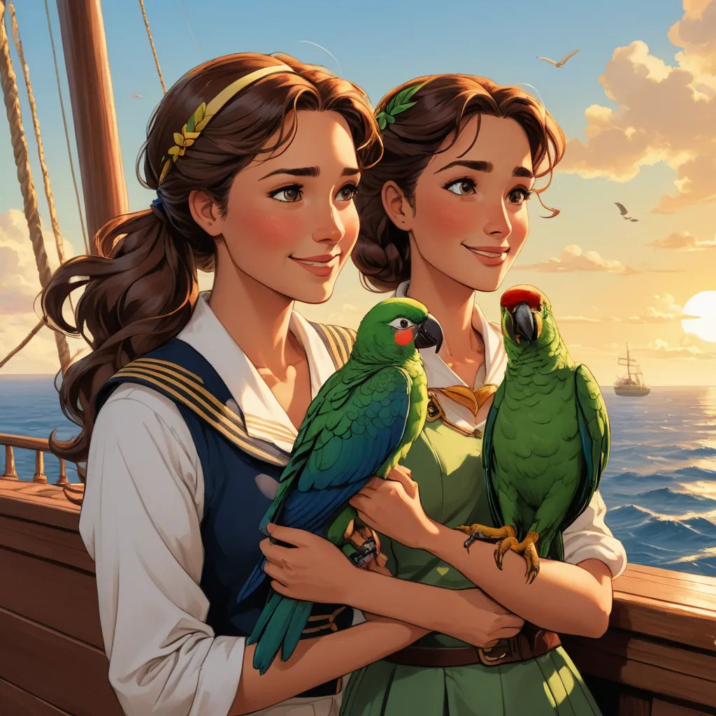a painting of two women holding parrots on a boat deck at sunset, with a ship in the background, sots art, a detailed painting, disney, official art