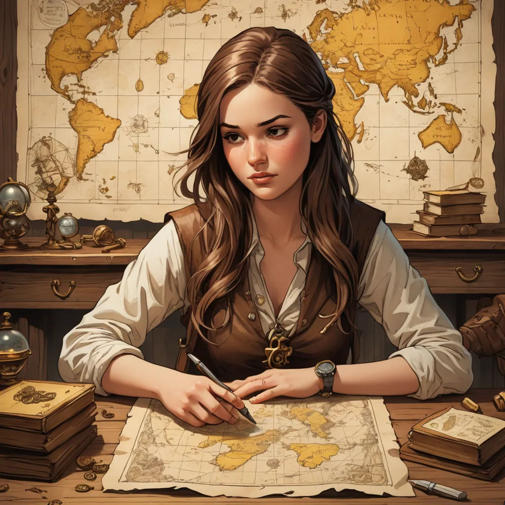 a girl sitting at a desk with a map and a pen in her hand and a globe in the background, fantasy art, a detailed painting, Charlie Bowater, rossdraws global illumination