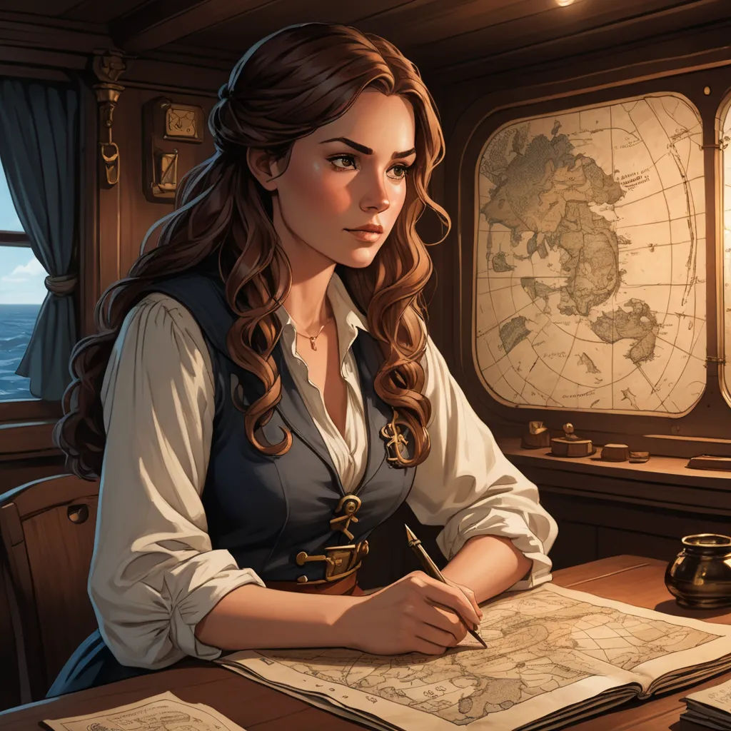 a woman sitting at a desk with a map and a cup of coffee in front of her, looking out the window, fantasy art, a character portrait, Charlie Bowater, cushart krenz