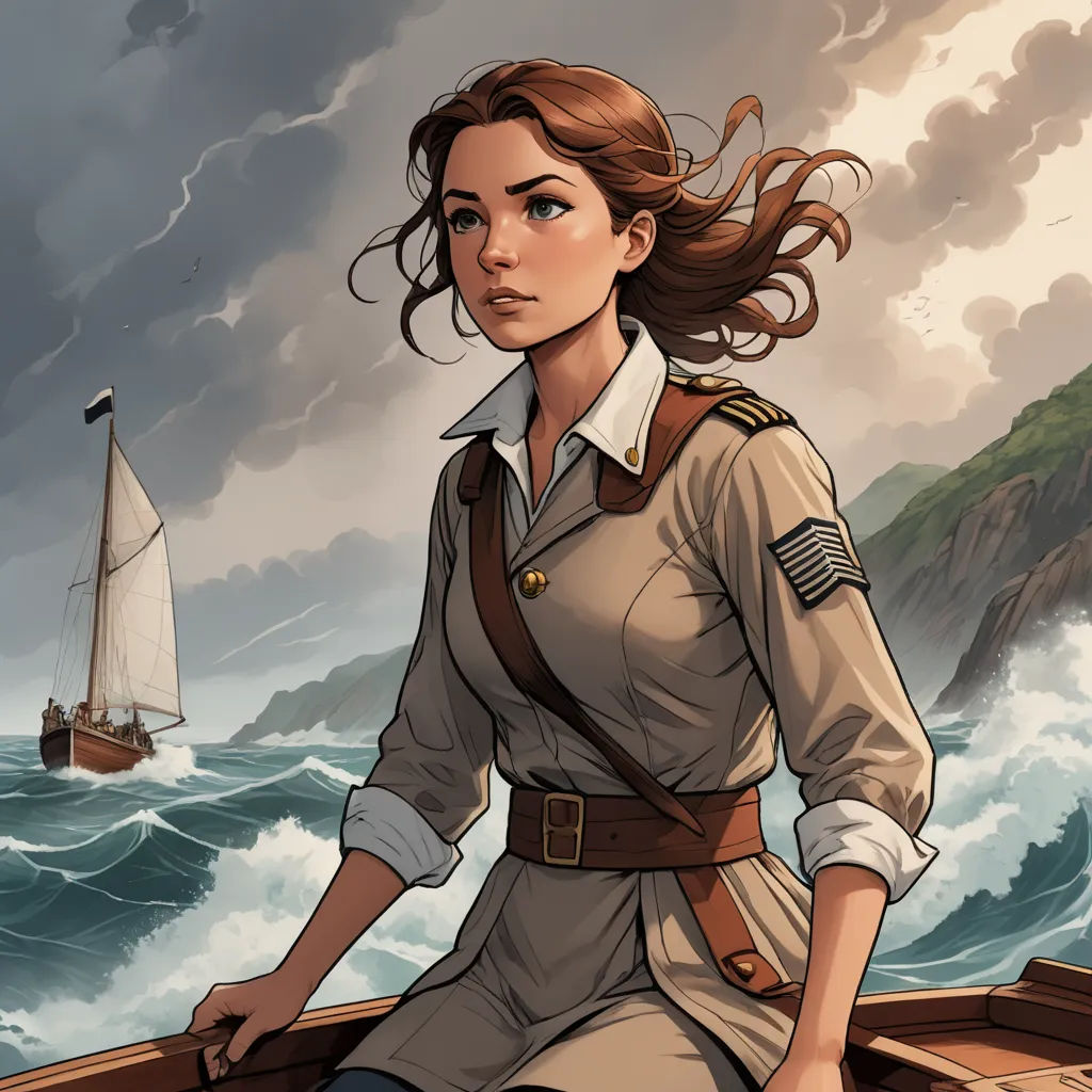 a woman in a boat with a sail in the background and a ship in the background, with a ship in the water, fantasy art, a character portrait, Charlie Bowater, comic cover art
