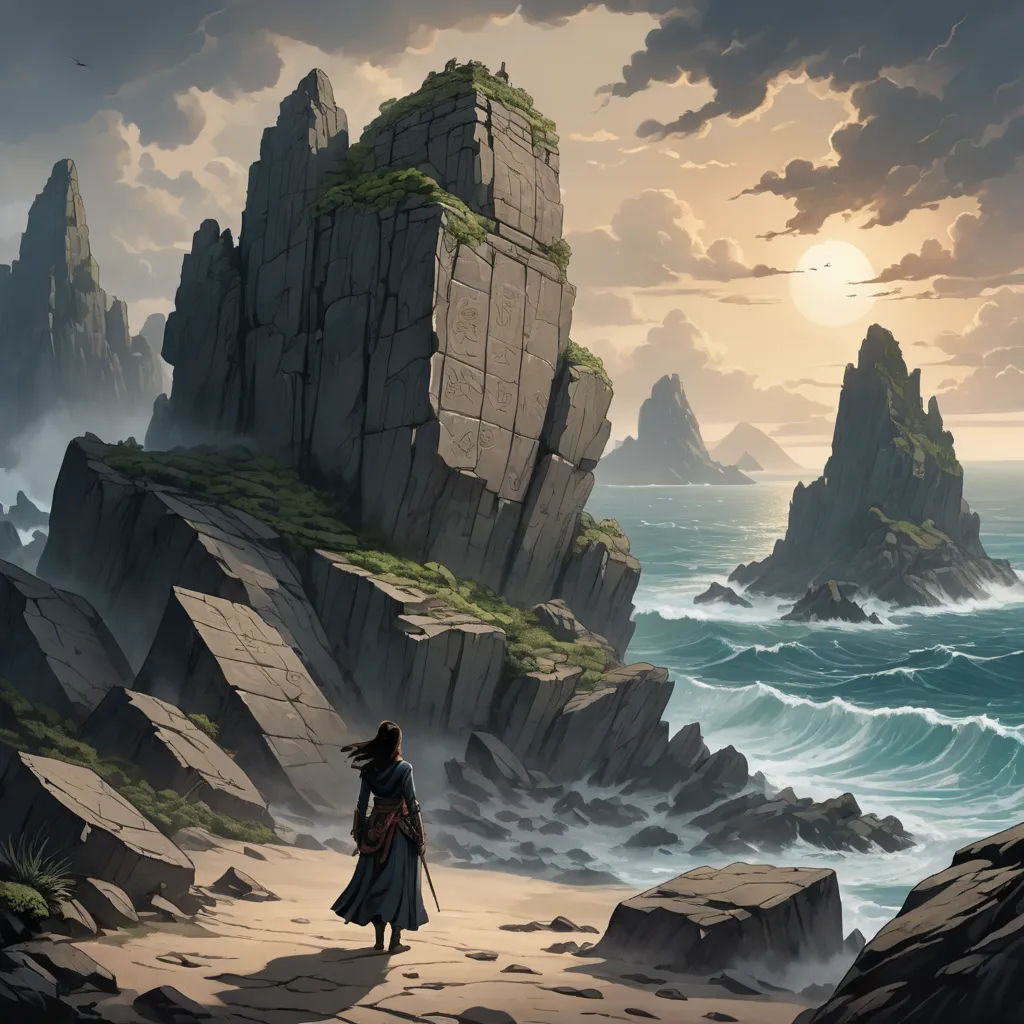 a woman standing on a rocky beach next to the ocean with a giant rock formation in the background and a sunset, fantasy art, a detailed matte painting, Christophe Vacher, cinematic matte painting