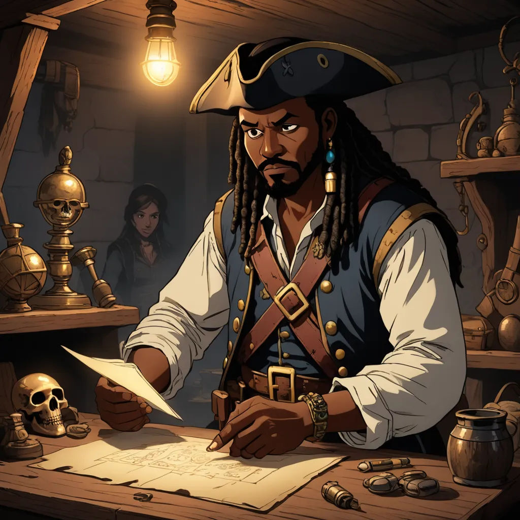 a pirate writing a letter in a room with skulls and a lamp on the table and a skull on the table, fantasy art, a character portrait, Cedric Seaut (Keos Masons), game art