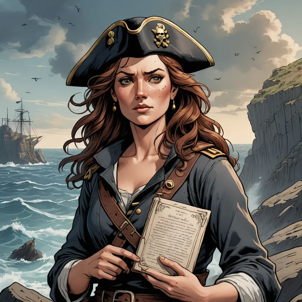 a woman in a pirate costume holding a book near the ocean and a ship in the background with a bird flying overhead, fantasy art, a character portrait, Alex Horley, western comic book art