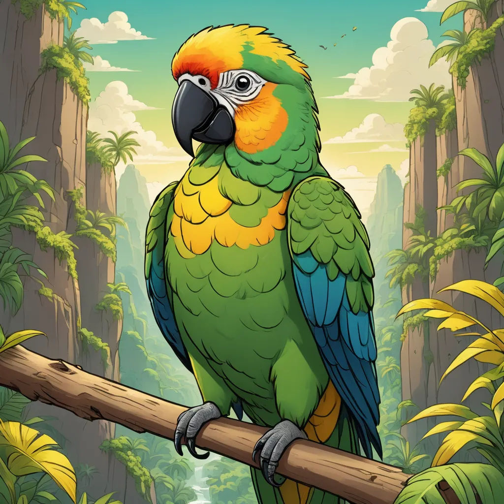 a colorful parrot perched on a branch in a jungle setting with a waterfall in the background and a waterfall in the foreground, sots art, a character portrait, Chris LaBrooy, game art