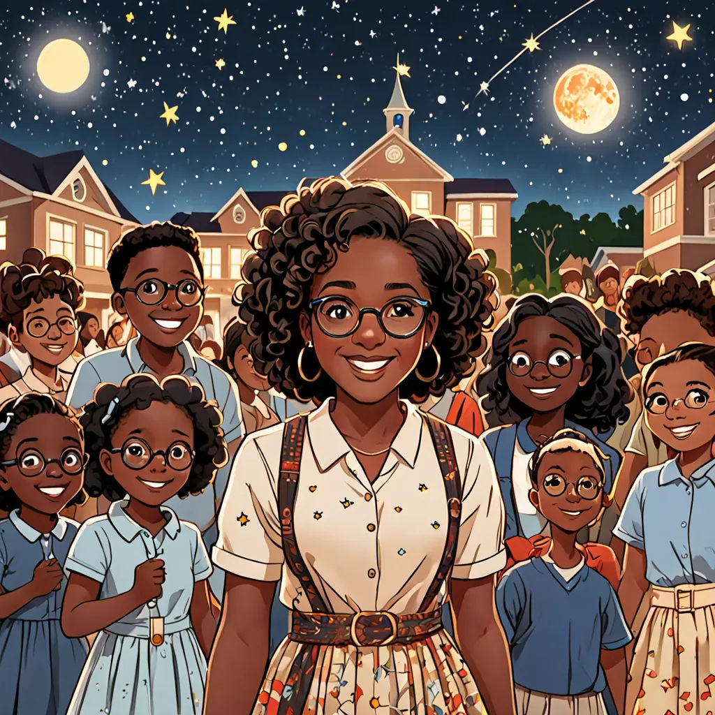 a cartoon of a woman surrounded by children in a neighborhood at night with a full moon in the sky, harlem renaissance, a storybook illustration, Chinwe Chukwuogo-Roy, comic cover art