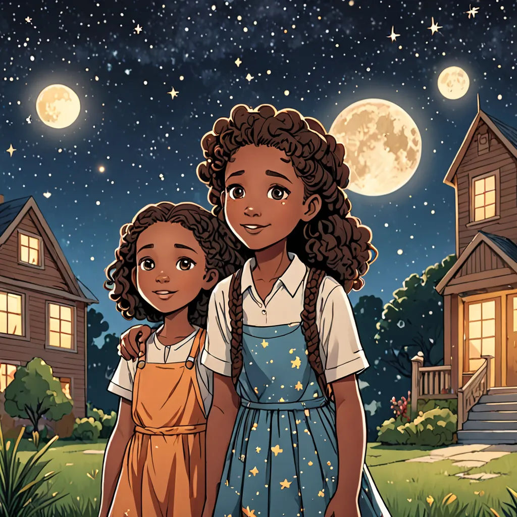a couple of kids standing next to each other in front of a house at night with the moon in the sky, magical realism, a storybook illustration, Elinor Proby Adams, comic cover art