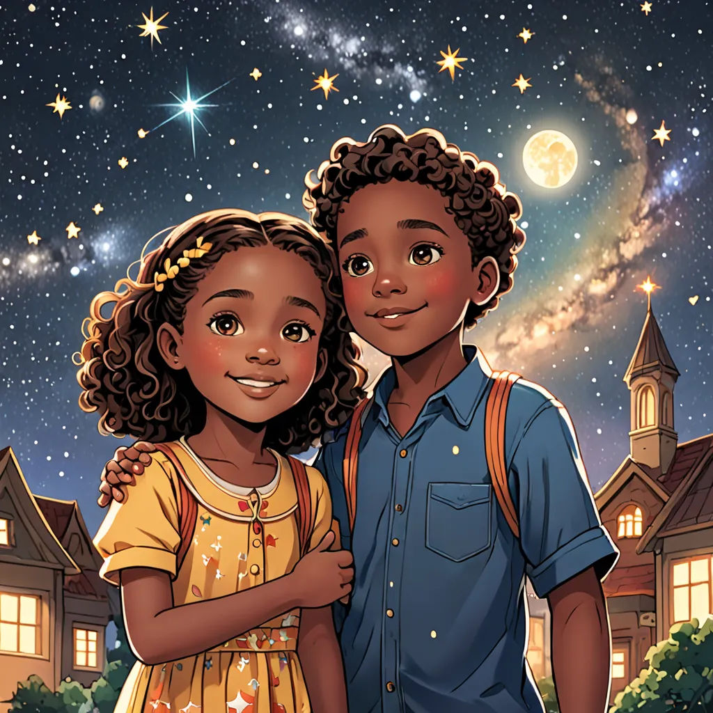 a boy and a girl standing in front of a house under a night sky with stars and a full moon, space art, a storybook illustration, Chinwe Chukwuogo-Roy, comic cover art