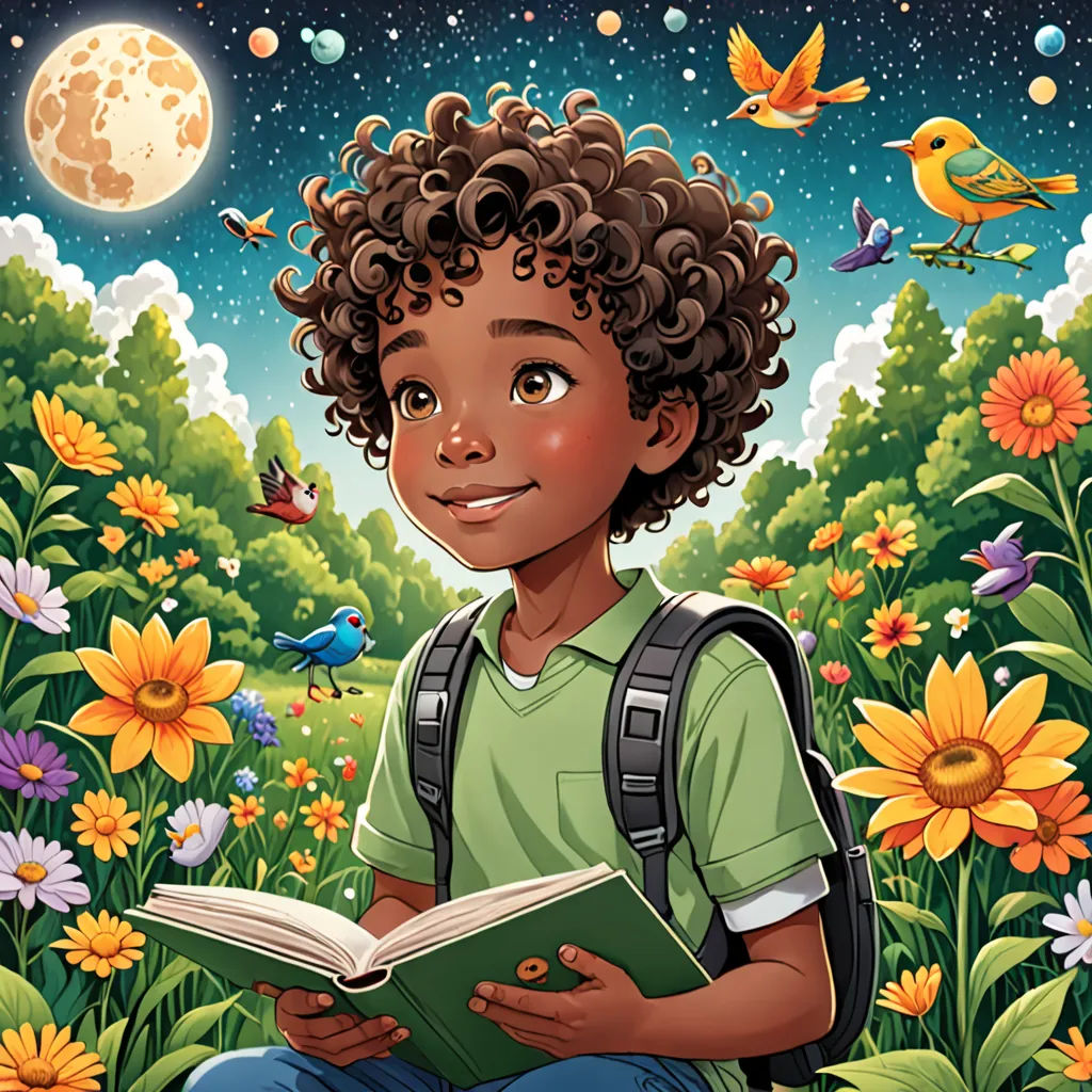a boy sitting in a field of flowers reading a book with a full moon in the background and birds flying overhead, space art, a storybook illustration, Chris LaBrooy, storybook illustration