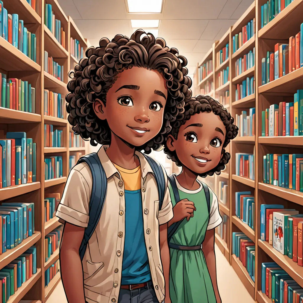 a couple of kids standing in front of a library filled with books and bookshelves with bookshelves behind them, harlem renaissance, a storybook illustration, Chinwe Chukwuogo-Roy, official art