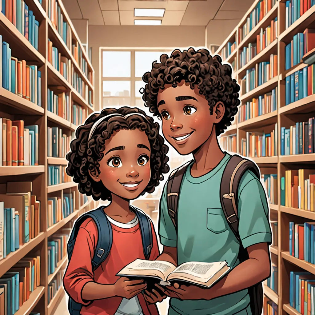 a boy and girl standing in a library holding a book and smiling at the camera while looking at the camera, harlem renaissance, a storybook illustration, Colin Middleton, comic cover art