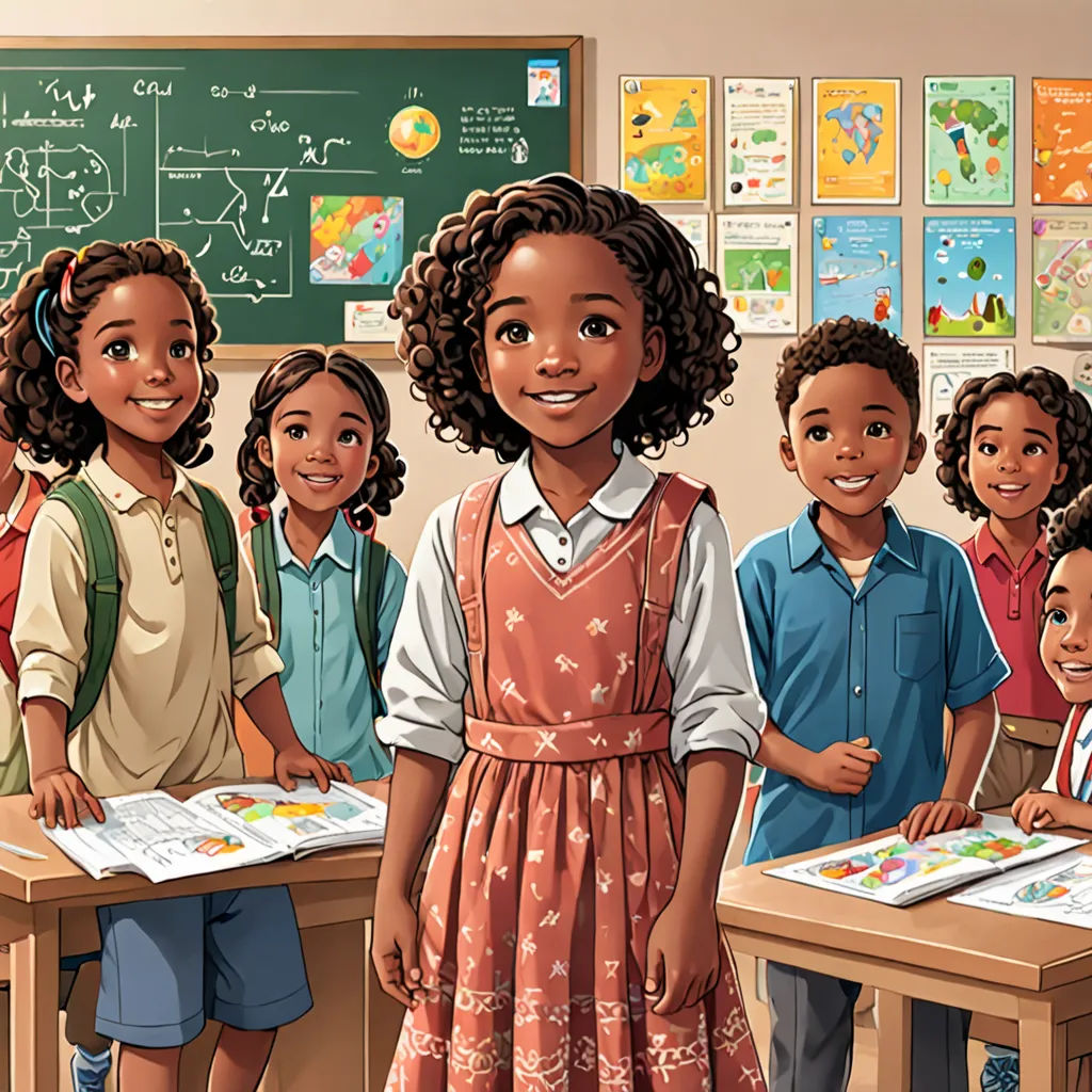 a group of children standing in front of a desk with books on it and a chalkboard in the background, harlem renaissance, a storybook illustration, Chinwe Chukwuogo-Roy, official art