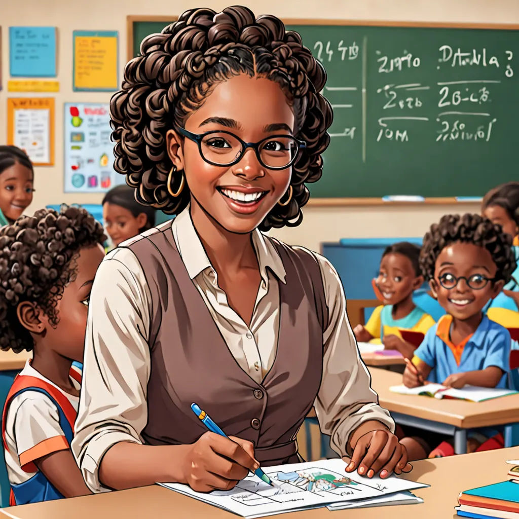 a cartoon of a woman sitting at a desk with a pencil in her hand and children behind her smiling, paris school, a character portrait, Chinwe Chukwuogo-Roy, character portrait