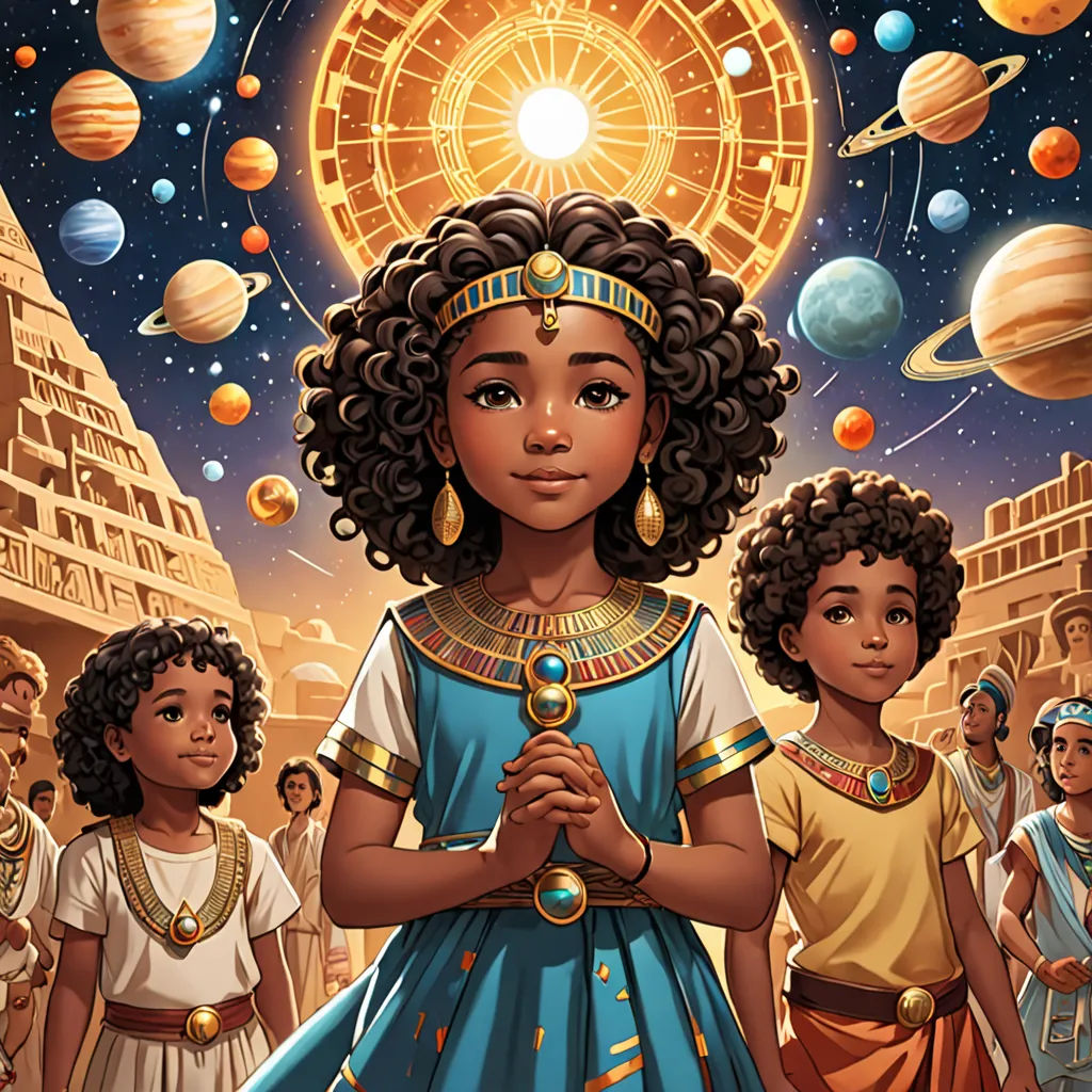 a painting of a girl in a blue dress surrounded by other children and planets in the background, with a sun above her head, afrofuturism, egyptian art, Caroline Chariot-Dayez, comic cover art