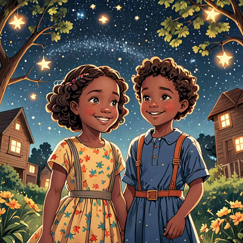 two children standing in front of a tree with stars in the sky above them and a house in the background, harlem renaissance, a storybook illustration, Chinwe Chukwuogo-Roy, storybook illustration