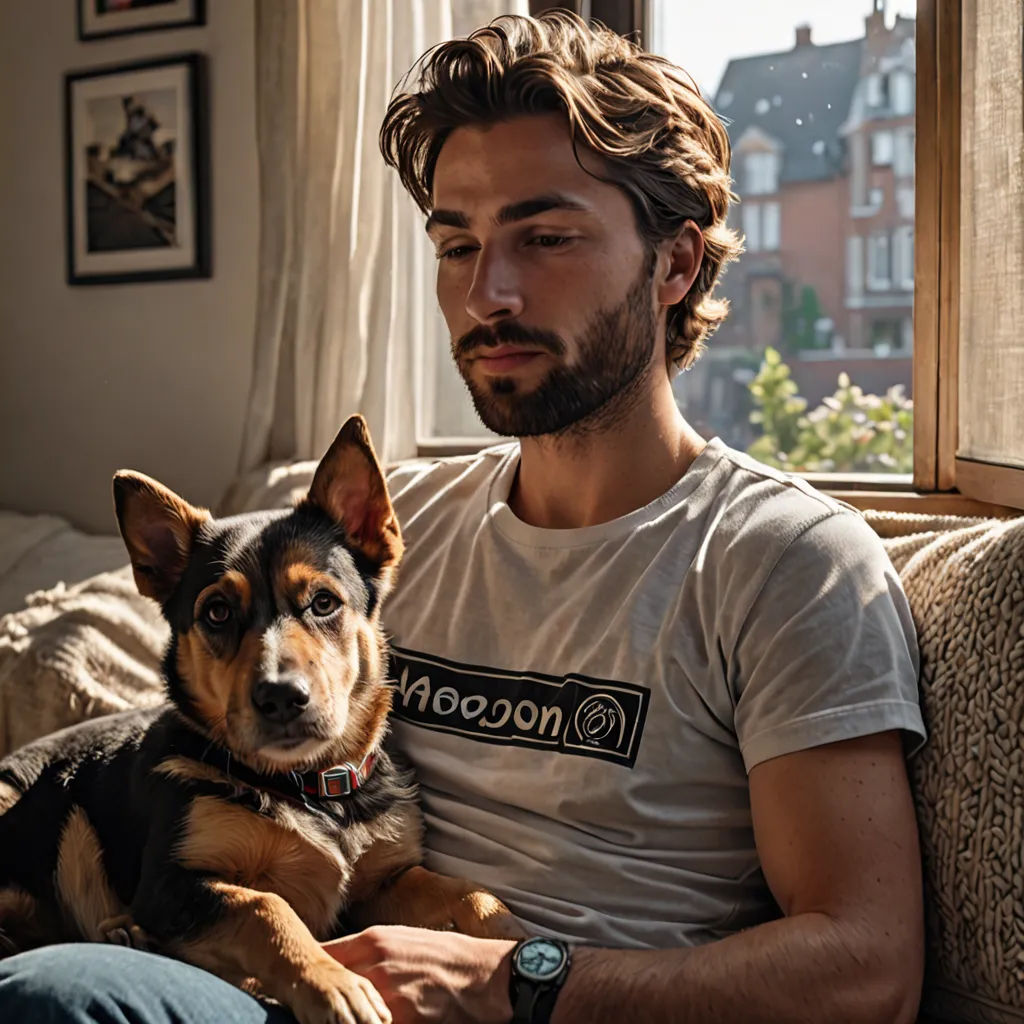 a man sitting on a couch with a dog in his lap looking at the camera with a serious look on his face, cloisonnism, a stock photo, Elke Vogelsang, mitchell mohrhauser
