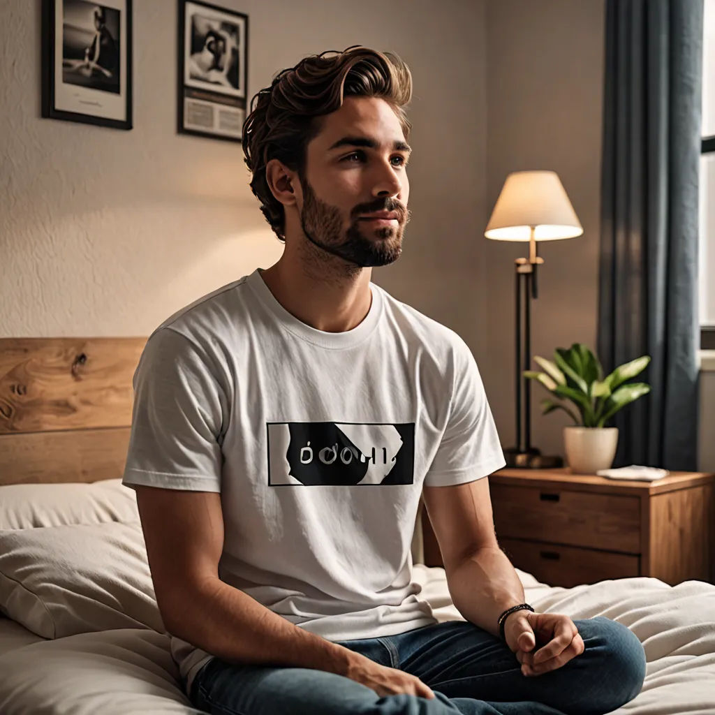 a man sitting on a bed with a white shirt on and a black and white logo on his chest, figurativism, a stock photo, Andrew Domachowski, product photo