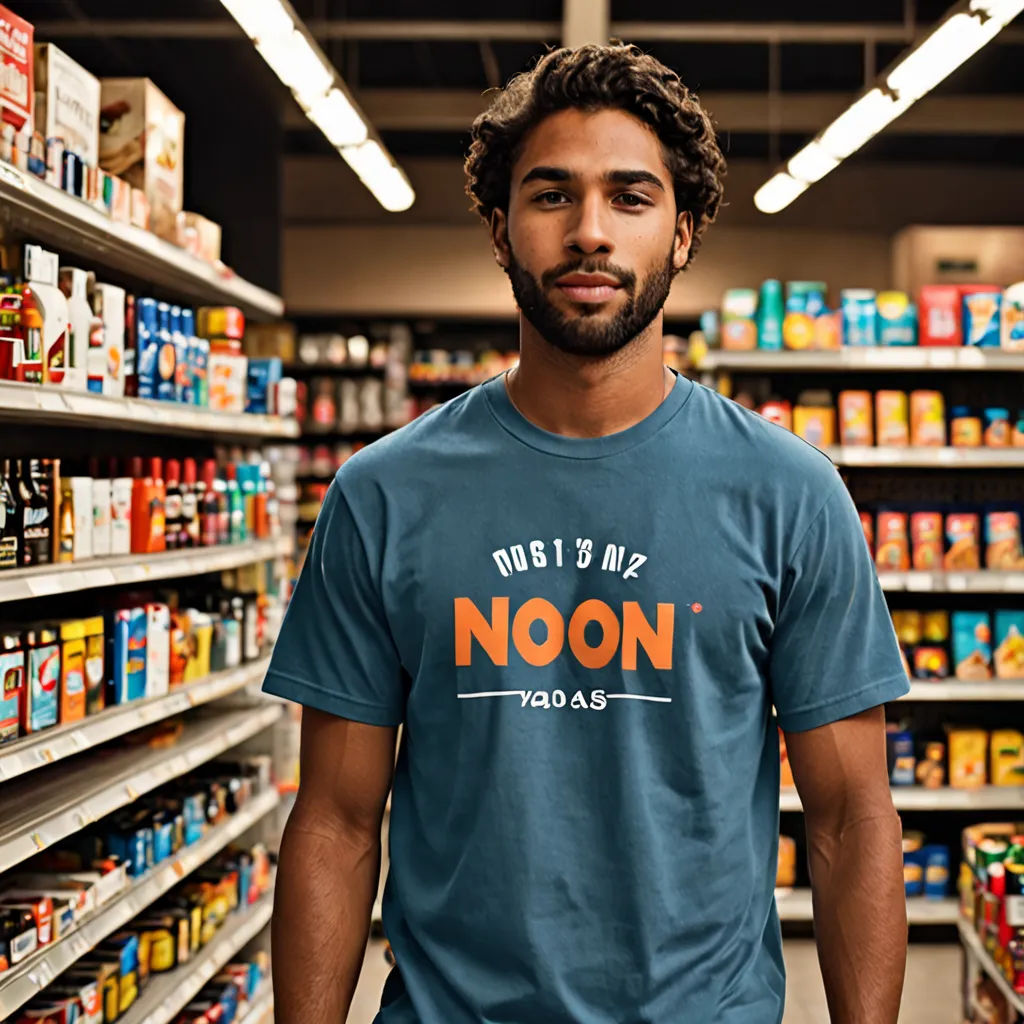 a man standing in a store aisle with a blue shirt on and a moon t - shirt on his chest, net art, a stock photo, Chris Spollen, product photo