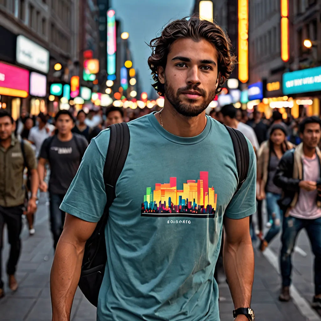 a man with a backpack walking down a street in a city with people walking around him and buildings in the background, maximalism, a silk screen, Christian Hilfgott Brand, city background