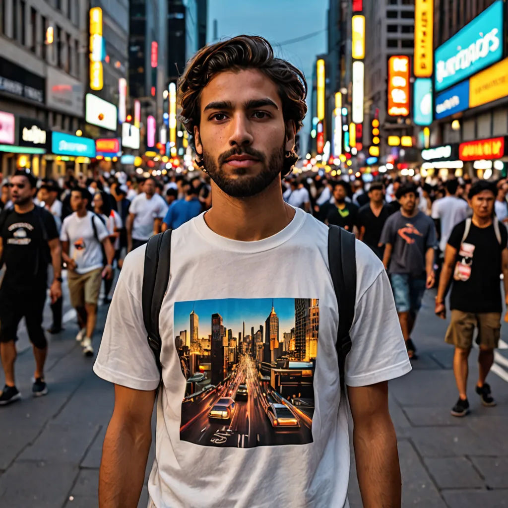 a man standing on a busy city street with a lot of people walking around him and a lot of buildings, maximalism, a stock photo, Chris LaBrooy, city background