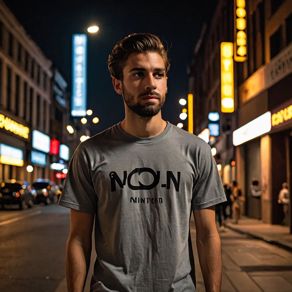 a man standing on a street at night with a beard and a t - shirt on his chest that says no one, neoism, a silk screen, Eglon van der Neer, noir