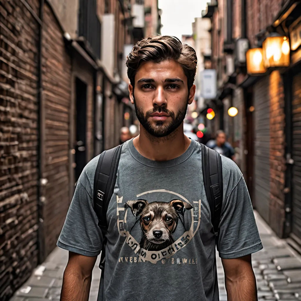 a man with a backpack on a city street with a dog on his shirt on his chest and a dog on his chest, photorealism, a character portrait, david rubín, shallow depth of field