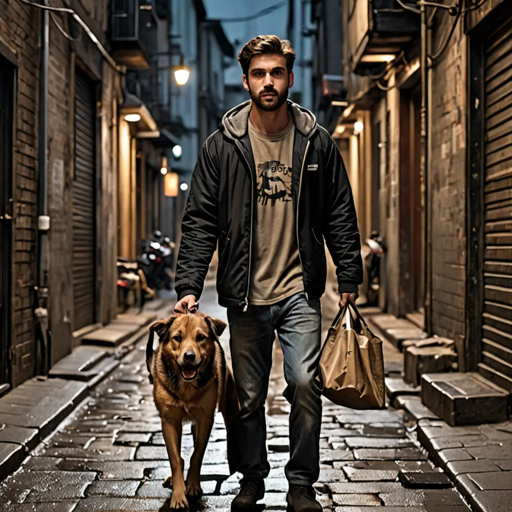 a man walking down a street with a dog on a leash next to him and a bag in his hand, massurrealism, a character portrait, Alberto Sughi, cinematic photography