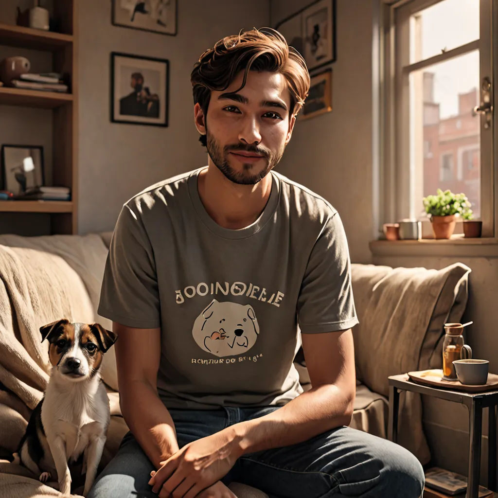 a man sitting on a couch with a dog in front of him and a coffee mug in the background, rococo, a character portrait, Clovis Trouille, promotional image