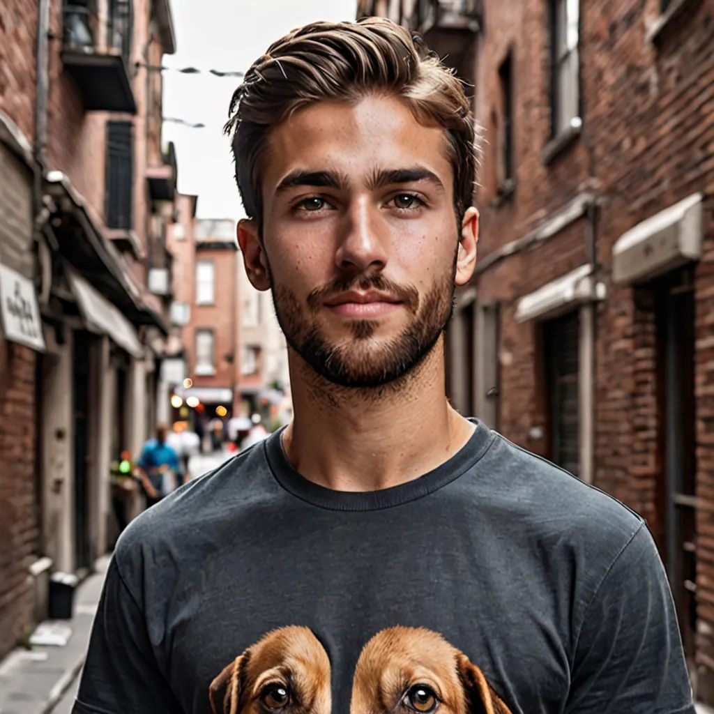 a man standing in a street with two dogs on his chest and a dog on his chest with a human face, optical illusion, a stock photo, Adam Paquette, perfect facial symmetry