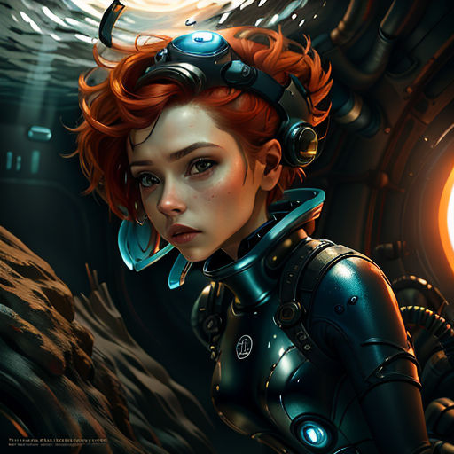 a woman with red hair and a helmet on her head is standing in a cave with a light in her hand