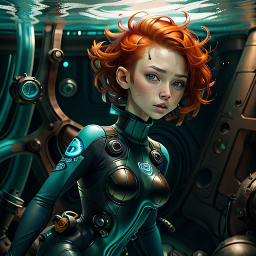 a woman in a futuristic suit standing in a room with a large window and a light on her head