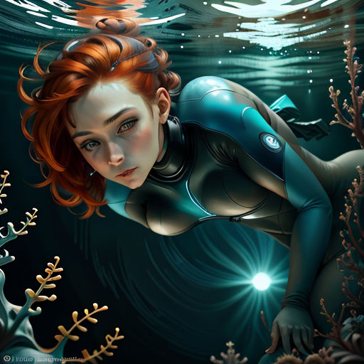 a woman in a blue suit is swimming in the water with corals and seaweeds around her