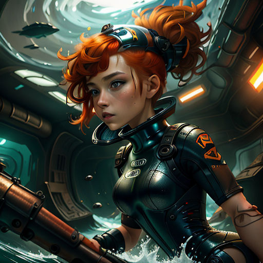 a woman in a futuristic suit holding a gun in a room with a light coming from it and a fish in the water