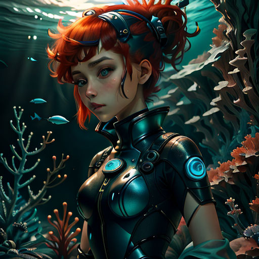 a woman in a futuristic suit standing in a underwater scene with corals and fish in the background, with a fish - eye lens lensed image of her