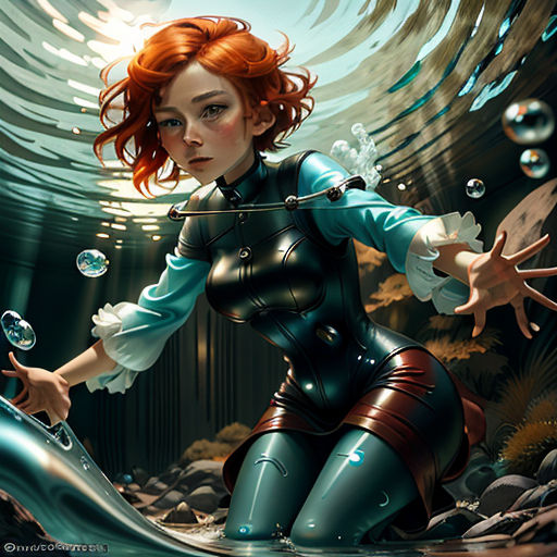a woman in a blue and black suit is surrounded by bubbles of water and rocks and rocks, with a fish in the background
