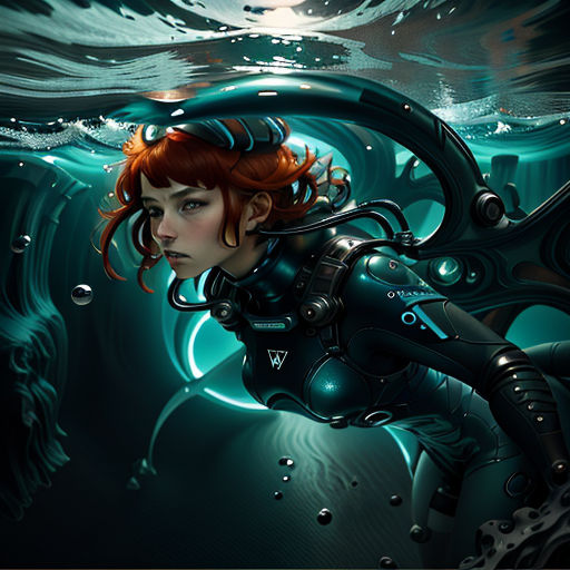 a woman in a diving suit under water with a full moon in the background and a full moon in the sky