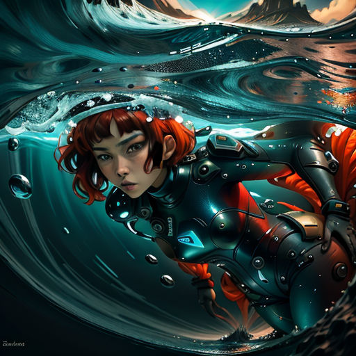 a woman in a diving suit is in the water with a mountain in the background and a wave in the foreground