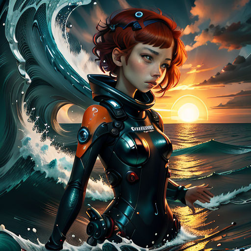 a woman in a wet suit standing in the ocean with a wave behind her and a sun setting behind her