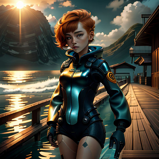 a woman in a futuristic suit standing on a pier by the ocean at sunset or sunrise time, with a mountain in the background