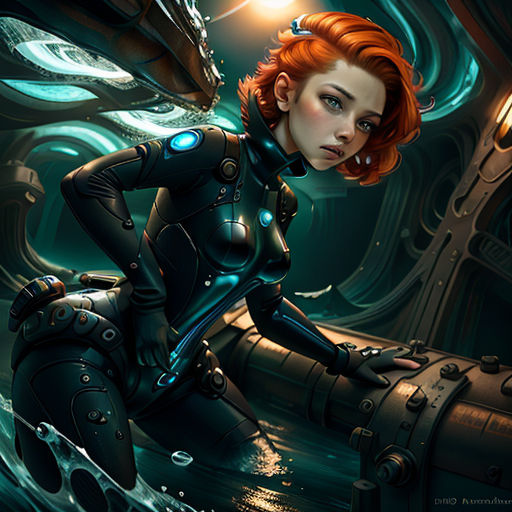 a woman in a futuristic suit is standing in a boat with a dragon on her back and a light shining on her face