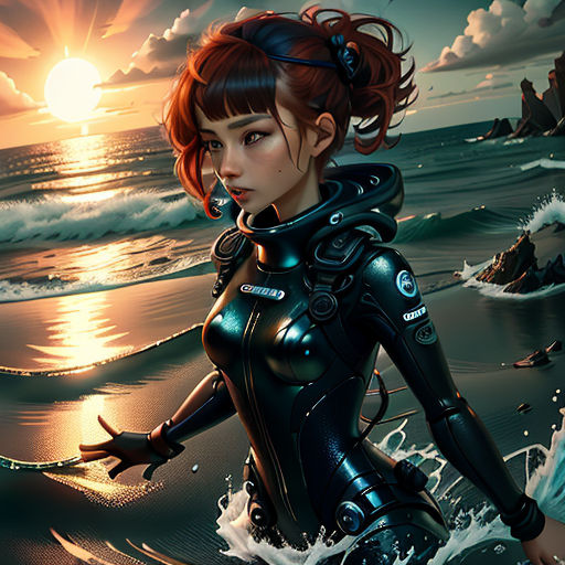 a woman in a wet suit standing in the ocean at sunset with a surfboard in her hand and a surfer in the background