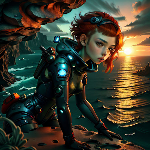 a woman in a diving suit is standing on a cliff by the ocean at sunset with a scuba suit on