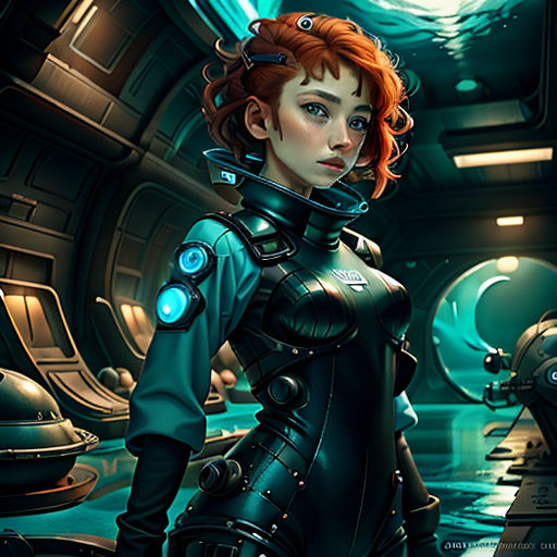 a woman in a futuristic suit standing in a room with a robot on the floor and a man in a suit