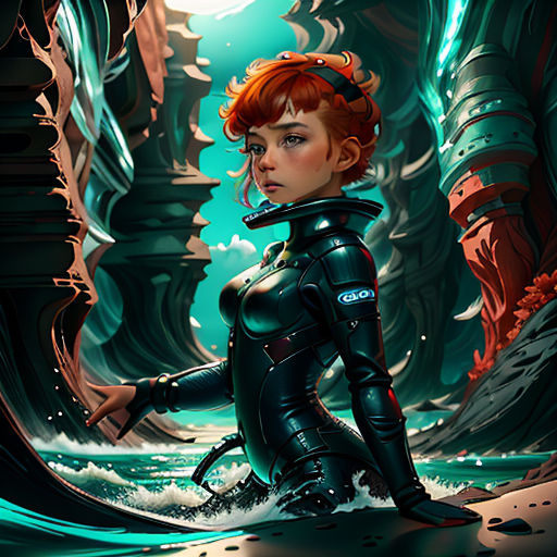 a woman in a black suit standing in a cave with a sword in her hand and a glowing light behind her