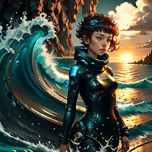 a woman in a wet suit standing in front of a wave and a rock formation with a sun in the background